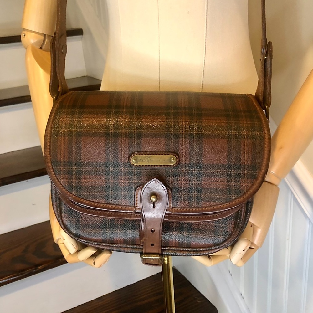 RALPH LAUREN Tartan Plaid Multi Pocket Saddle Messenger Camp School Bag